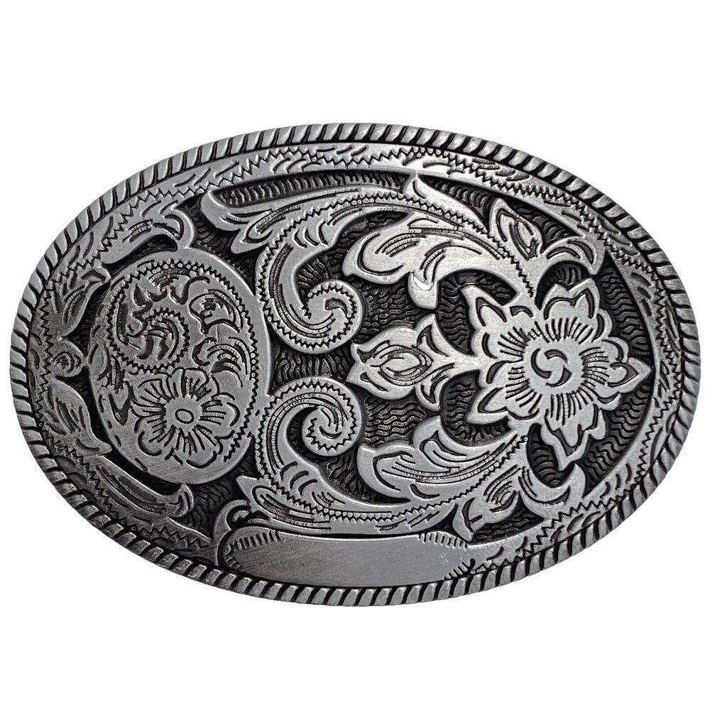 3559 Western Belt Buckle Engraved Flower Antique Sliver Oval Cowboy Belt